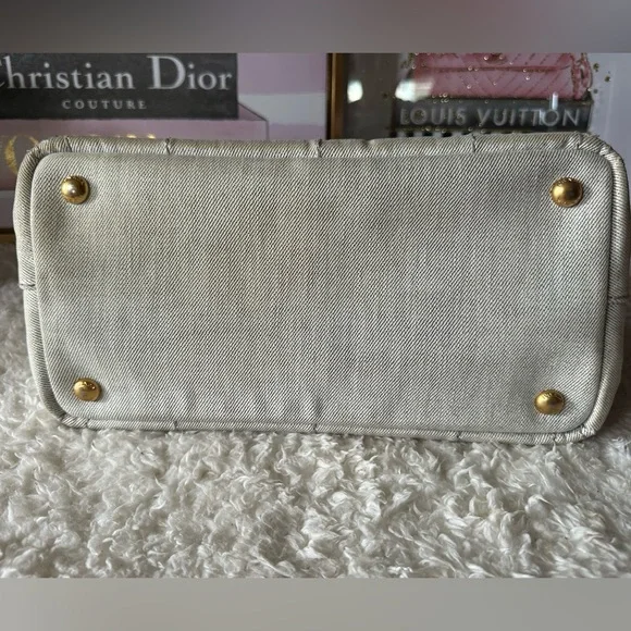 Vintage Prada Small Canapa Denim Logo Tote in Bianco Grey/white - Picture 7 of 16